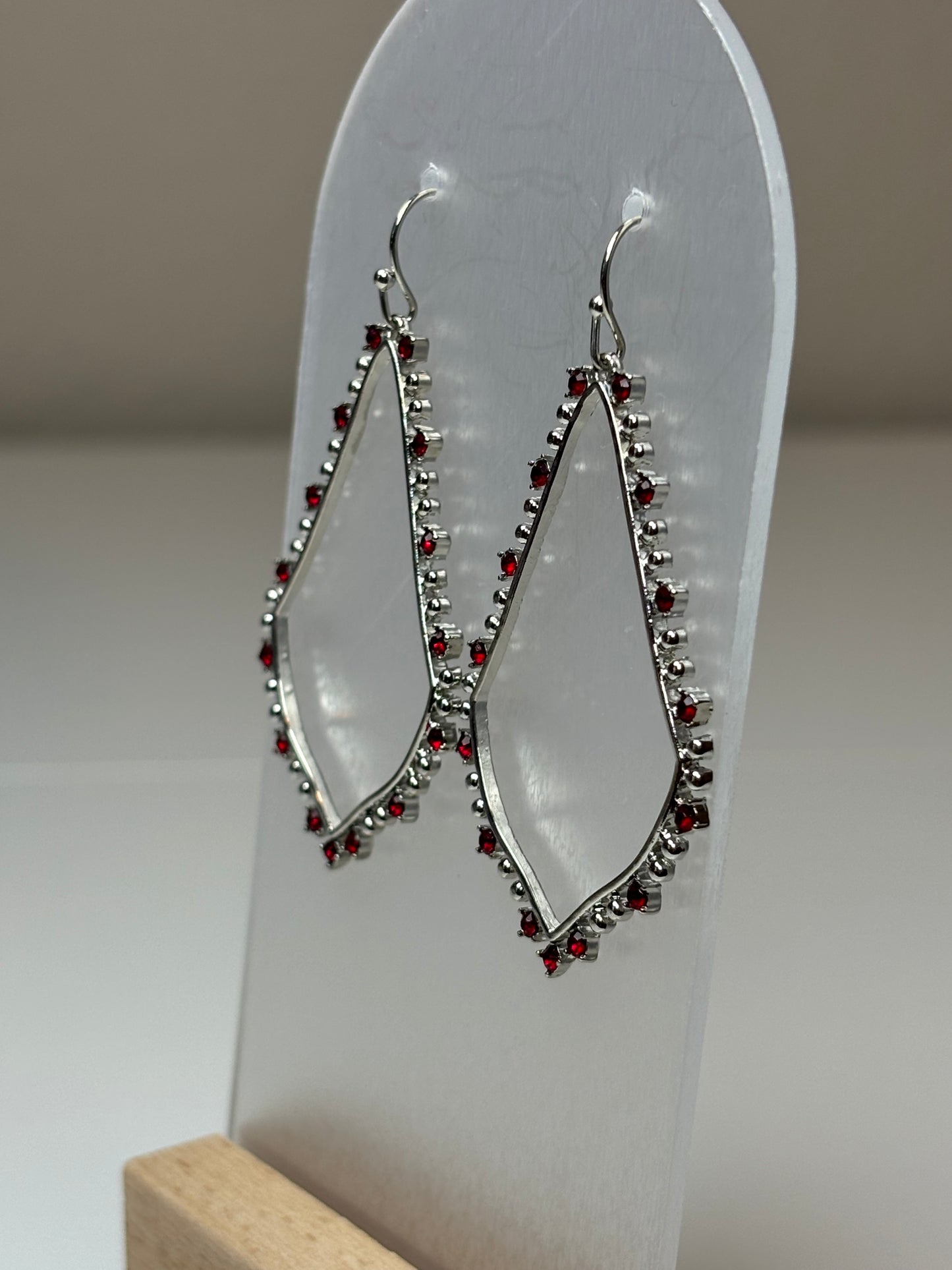 Silver Teardrop Earrings with Maroon Rhinestones