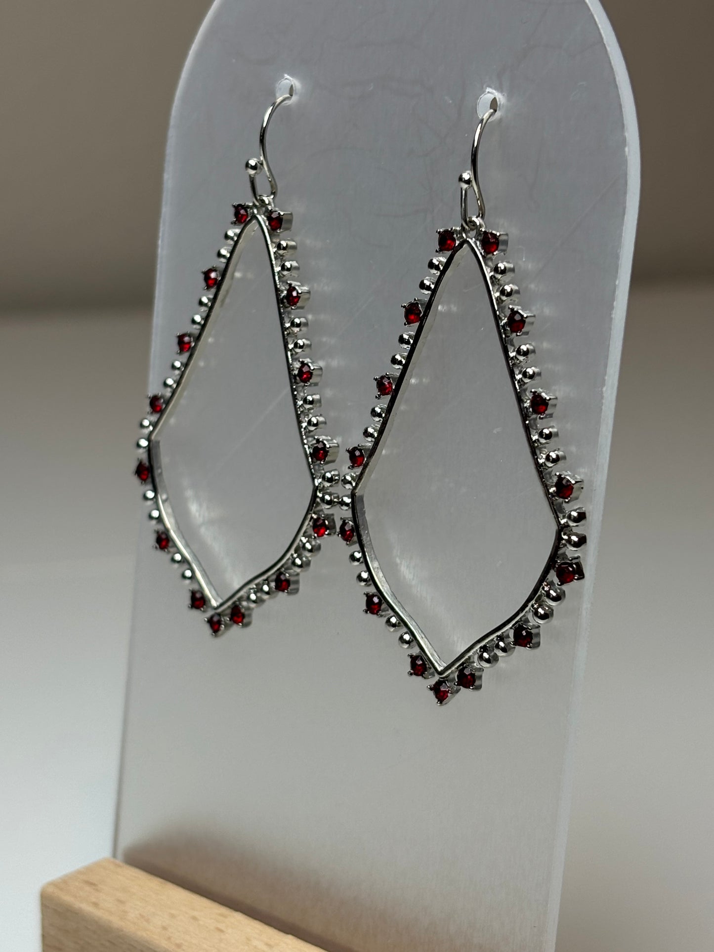 Silver Teardrop Earrings with Maroon Rhinestones