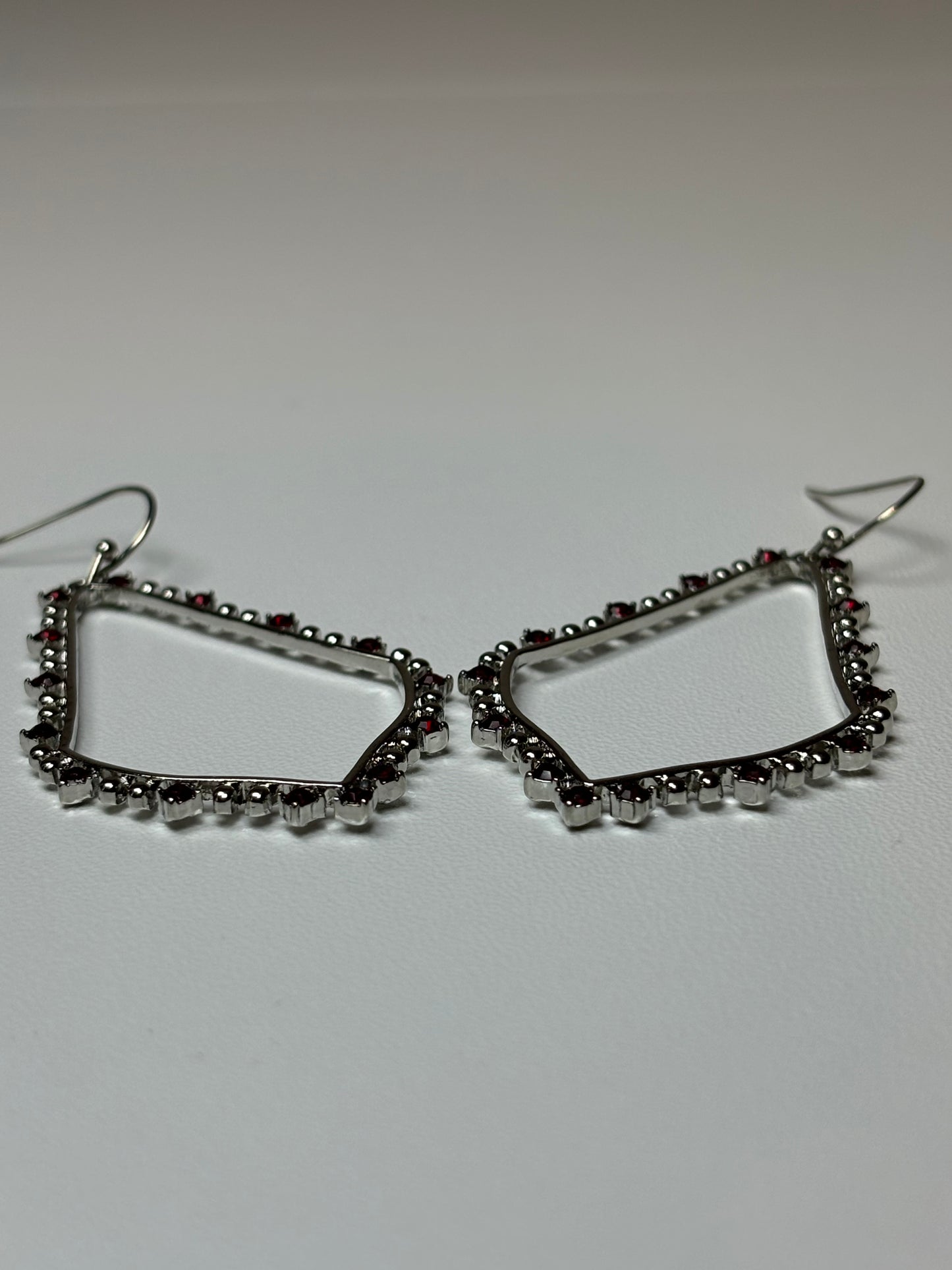 Silver Teardrop Earrings with Maroon Rhinestones