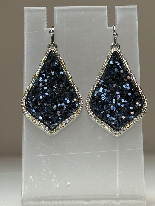 Small Silver Earrings with Blue Glitter
