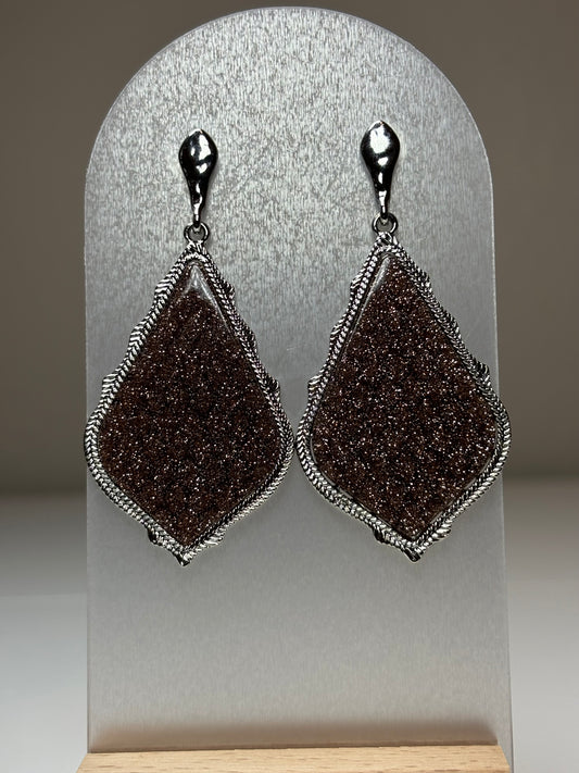 Light Brown Silver Glitter Teardrop Post-Back Earrings