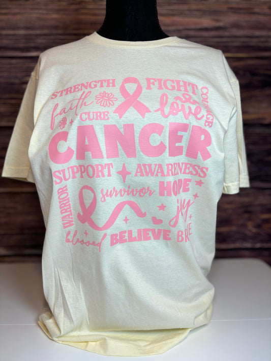 Off white heat pressed t-shirt with pink cancer awareness text and symbols