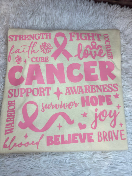 Off white heat pressed t-shirt with pink cancer awareness text and symbols