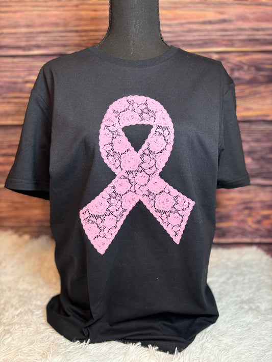 Black heat pressed t-shirt with a pink lace floral ribbon design- breast cancer awareness