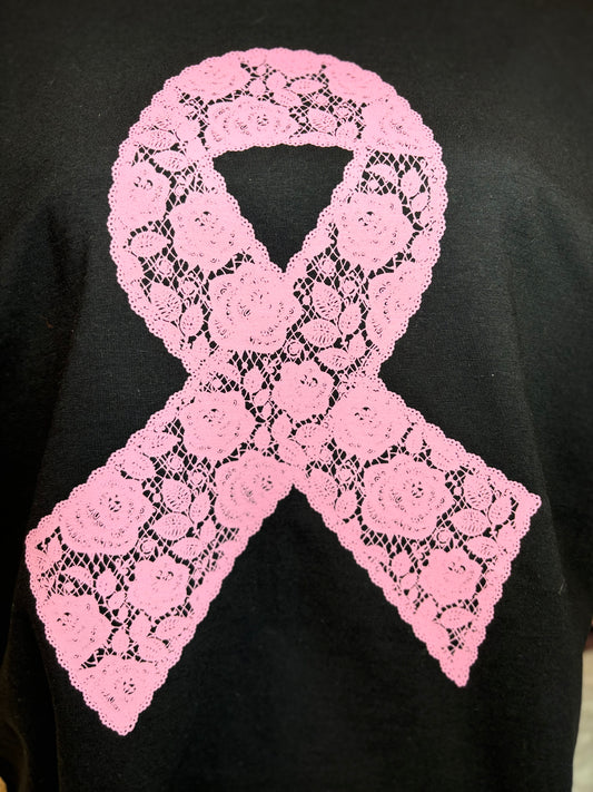 Black heat pressed t-shirt with a pink lace floral ribbon design- breast cancer awareness