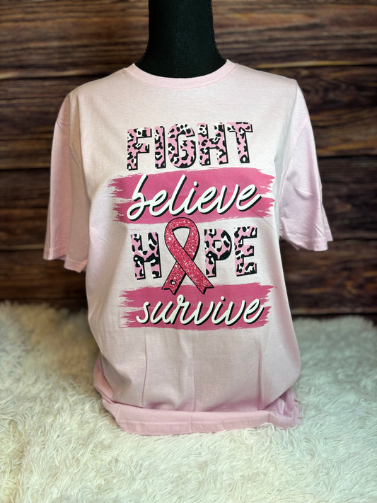 Light pink heat pressed t-shirt with "Fight, Believe, Hope, Survive." Breast Cancer Awareness t-shirt. Features leopard print