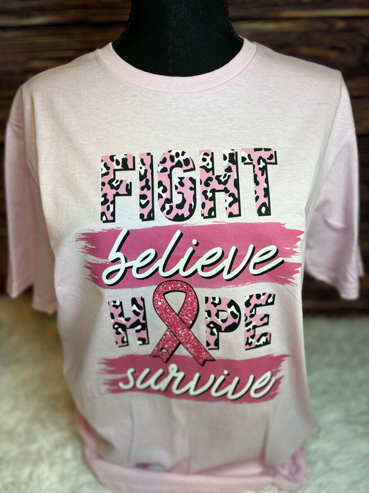 Light pink heat pressed t-shirt with "Fight, Believe, Hope, Survive." Breast Cancer Awareness t-shirt. Features leopard print