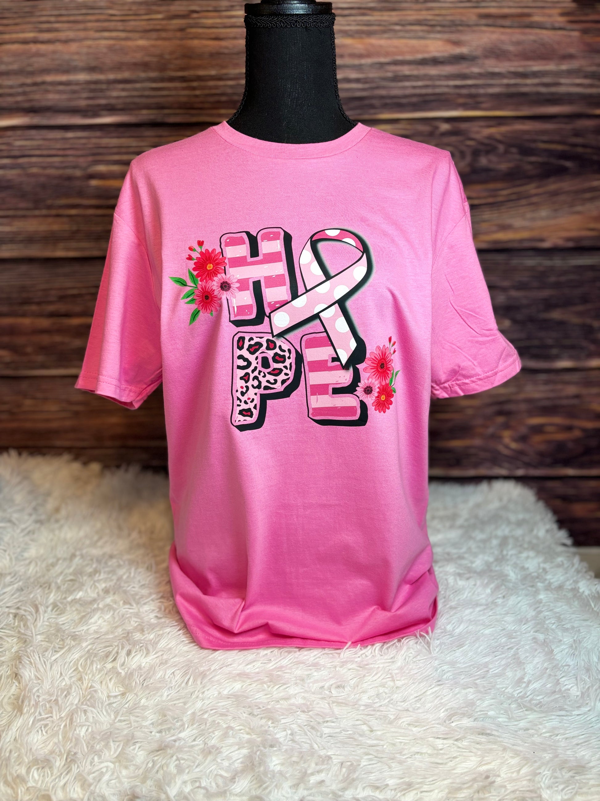 Pink heat pressed t-shirt with 'HOPE' design featuring a ribbon and flowers - Breast Cancer Awareness