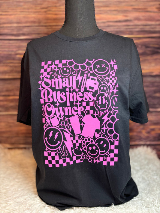 Black heat pressed t-shirt with hot pink graphics and small business owner text