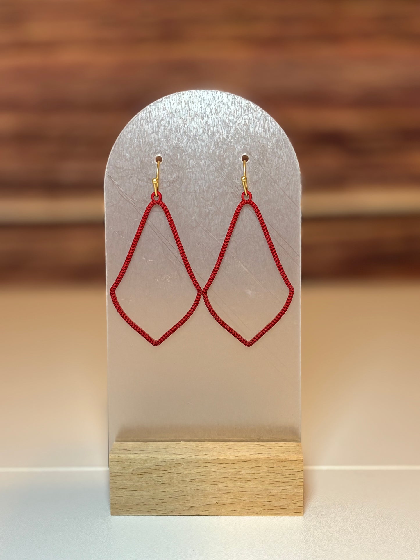 Red Textured Diamond Drop Earrings