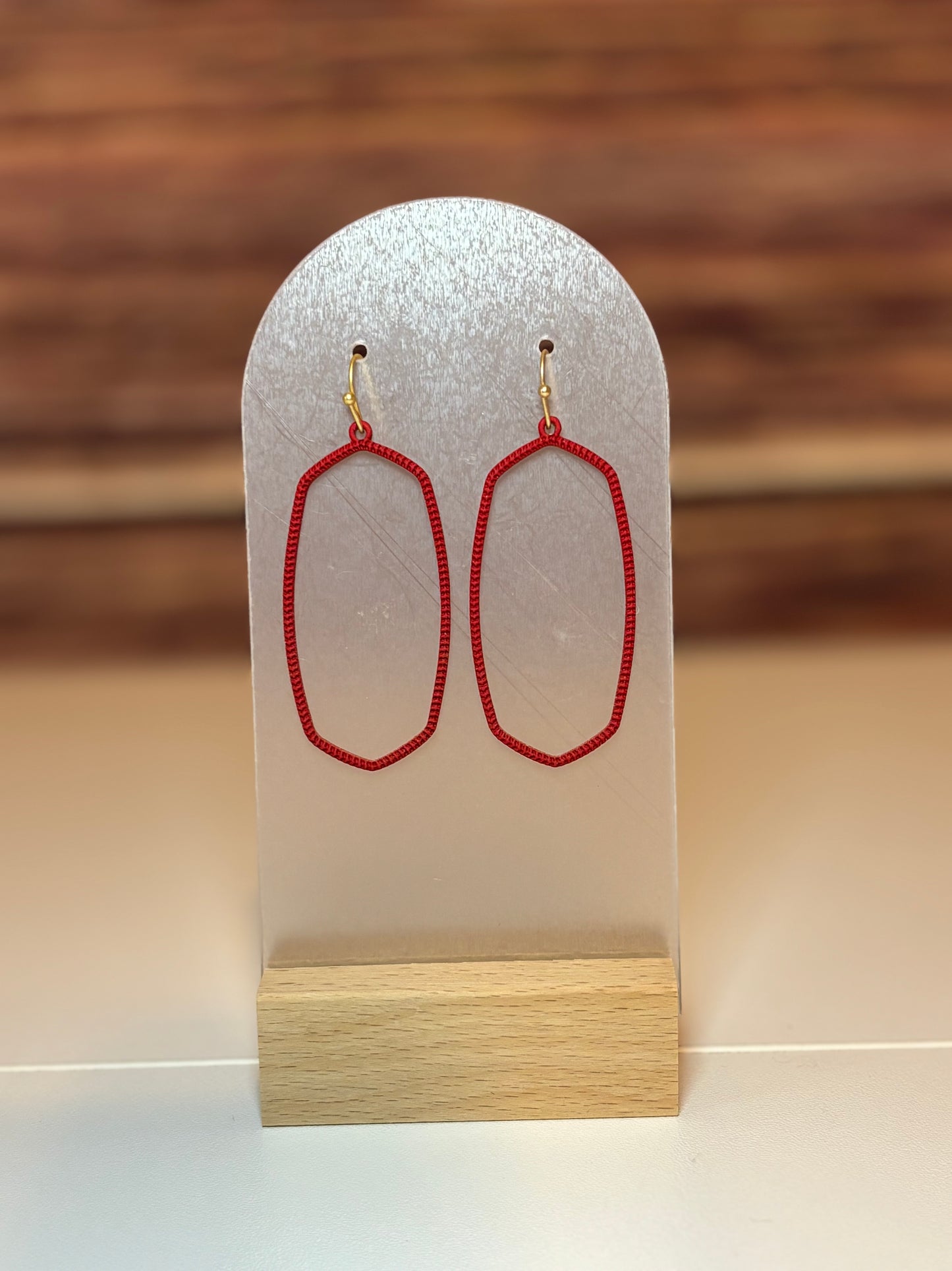 Red Textured Open Oval Dangle Earrings