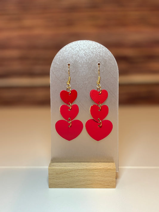Triple Heart Dangle Earrings – Red Faux Leather