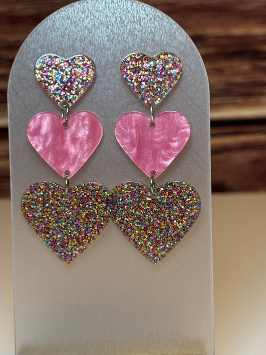 Triple Heart Dangle Earrings – Pink Pearl & Rainbow Glitter Acrylic