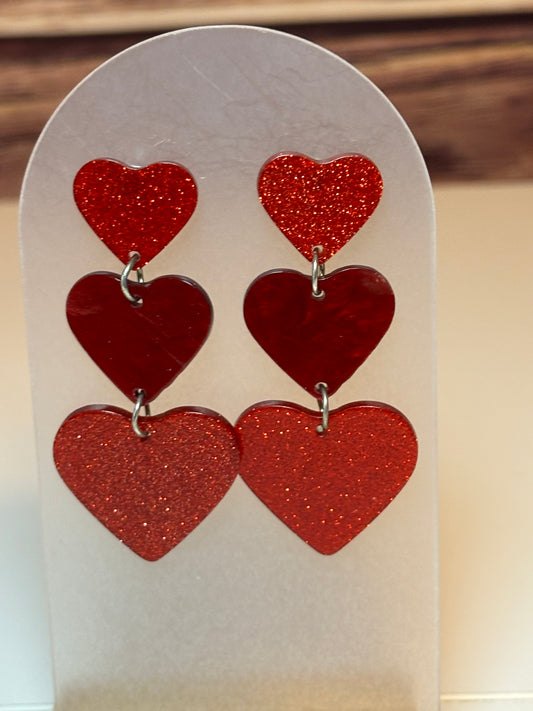 Triple Heart Dangle Earrings – Red Glitter