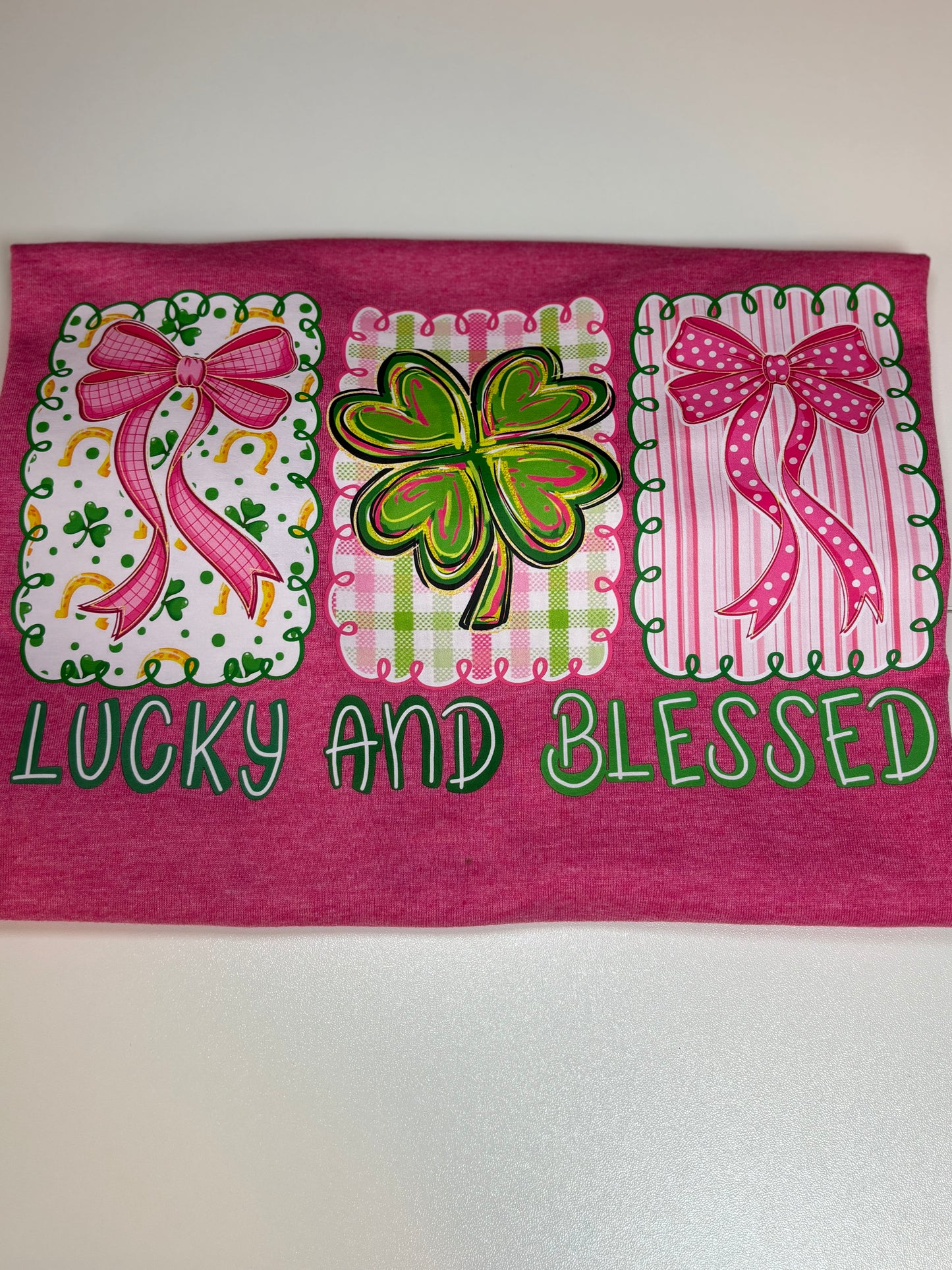 Lucky and Blessed St. Patrick’s Day Graphic Tee – Pink Clover Shamrock Women’s T-Shirt