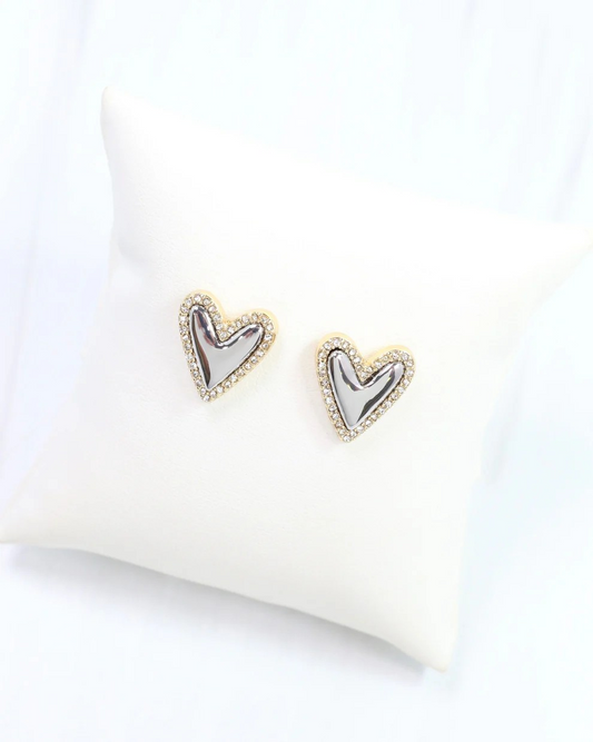 Puff Heart and Crystal Stud Earrings
