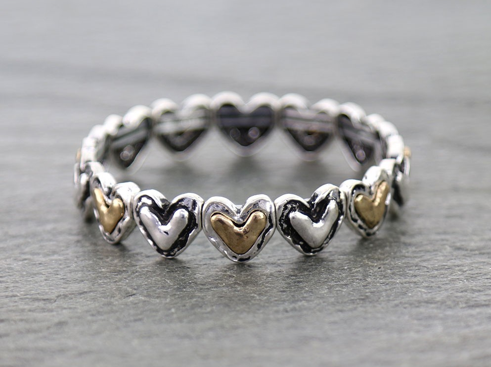 Silver and Gold brushed Heart Stretch Bracelet