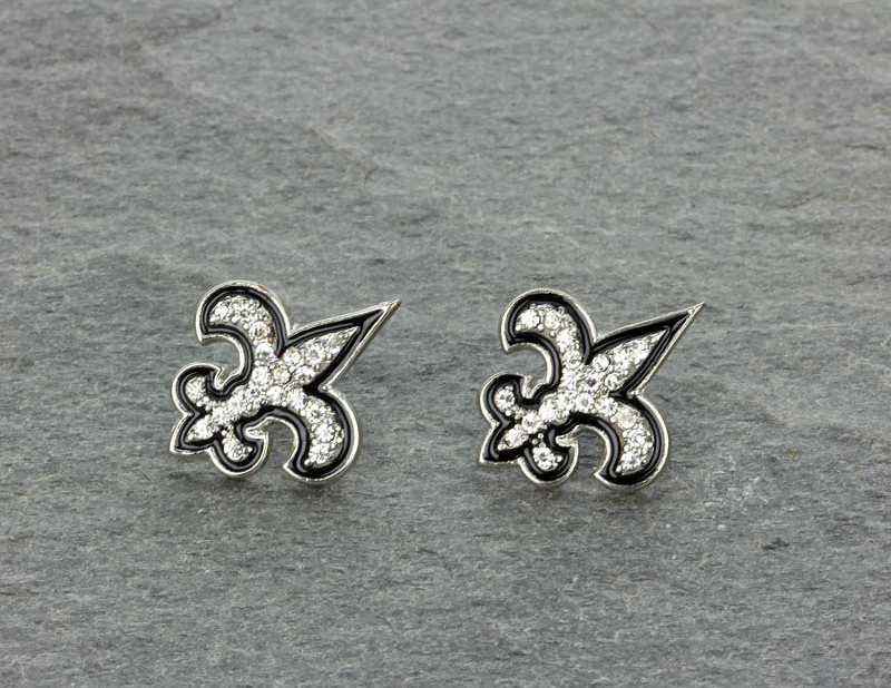 Fleur De Lis Silver Rhinestone Earrings