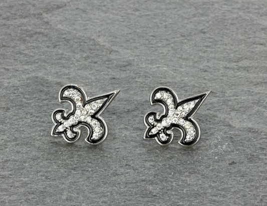 Fleur De Lis Silver Rhinestone Earrings