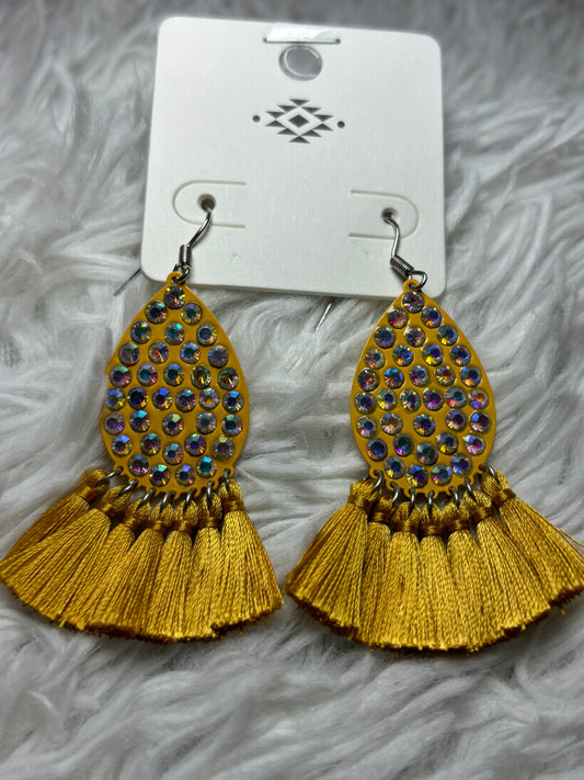 Mustard Tear Drop Tassel Earrings