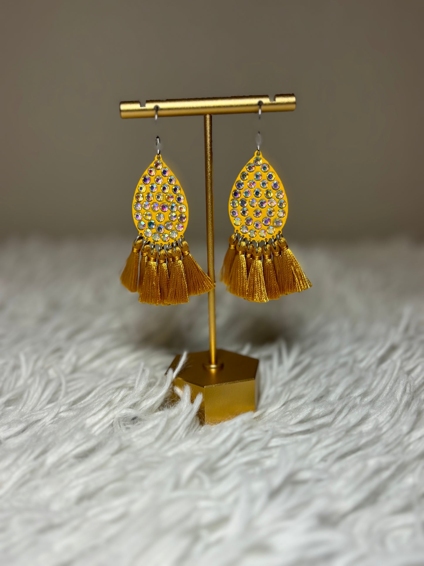 Mustard Tear Drop Tassel Earrings