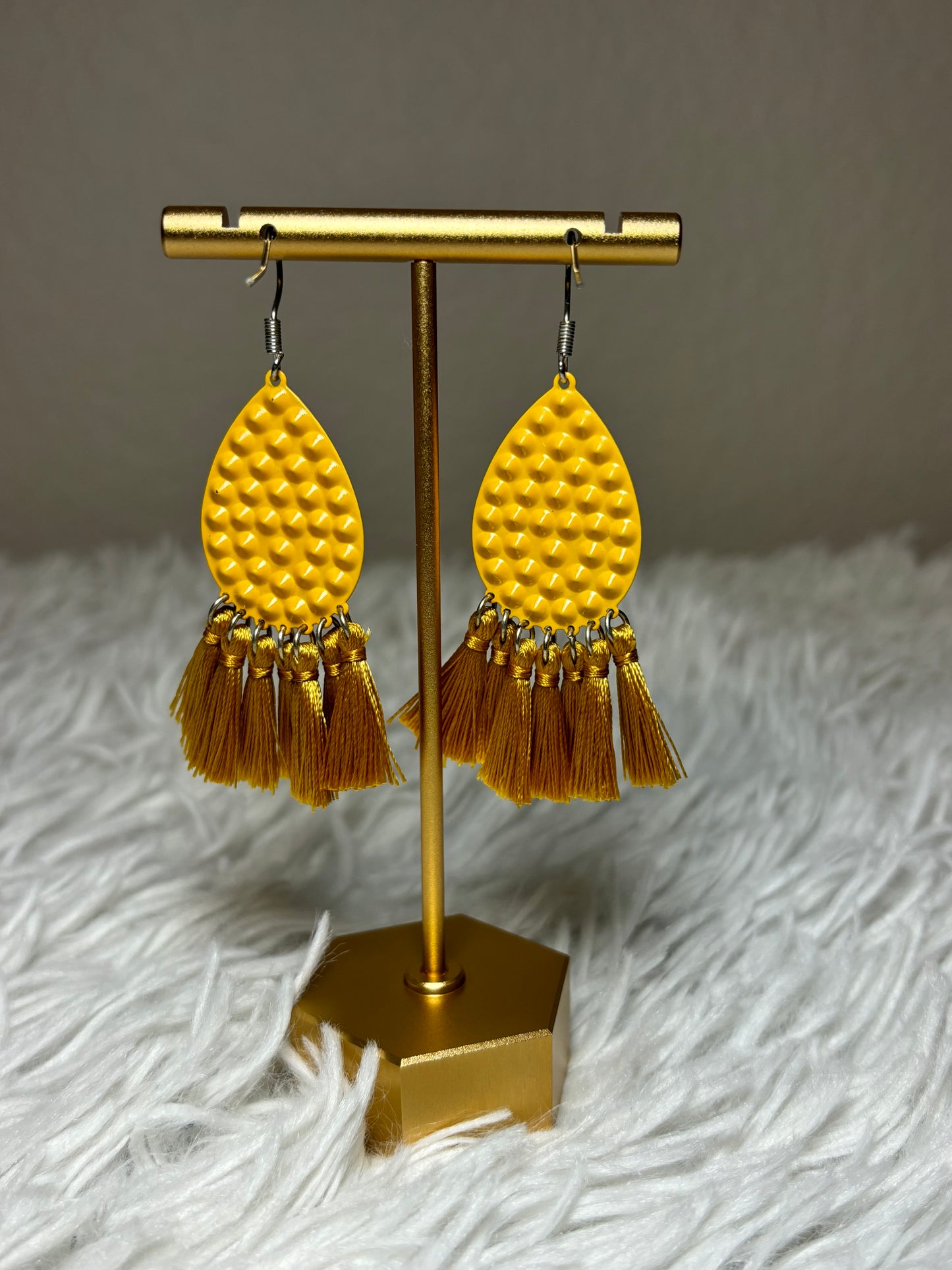 Mustard Tear Drop Tassel Earrings