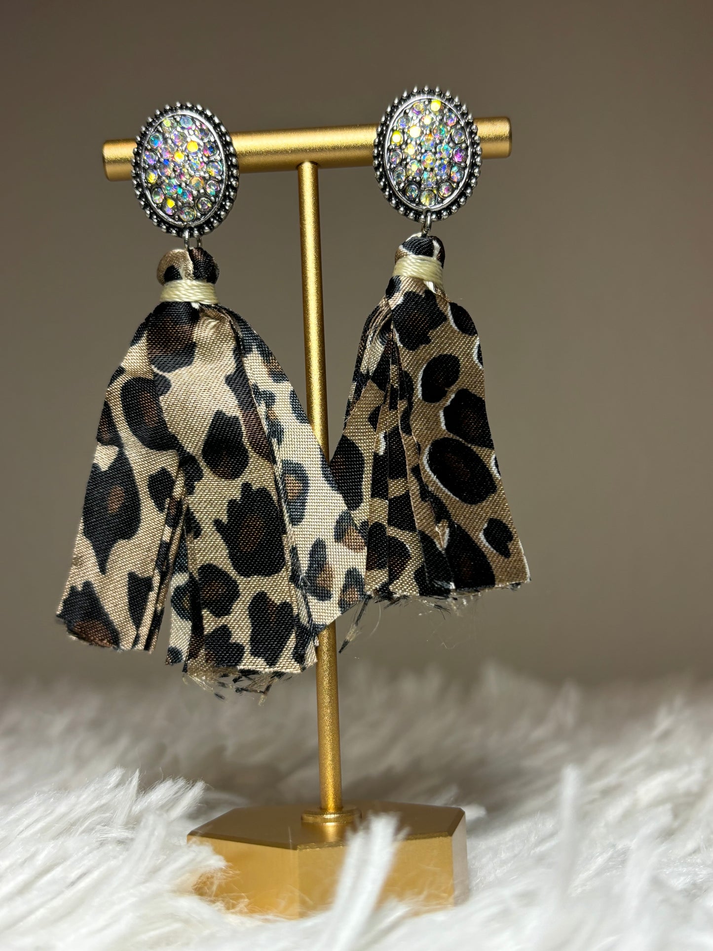 AB stone earring with Leopard Tassel