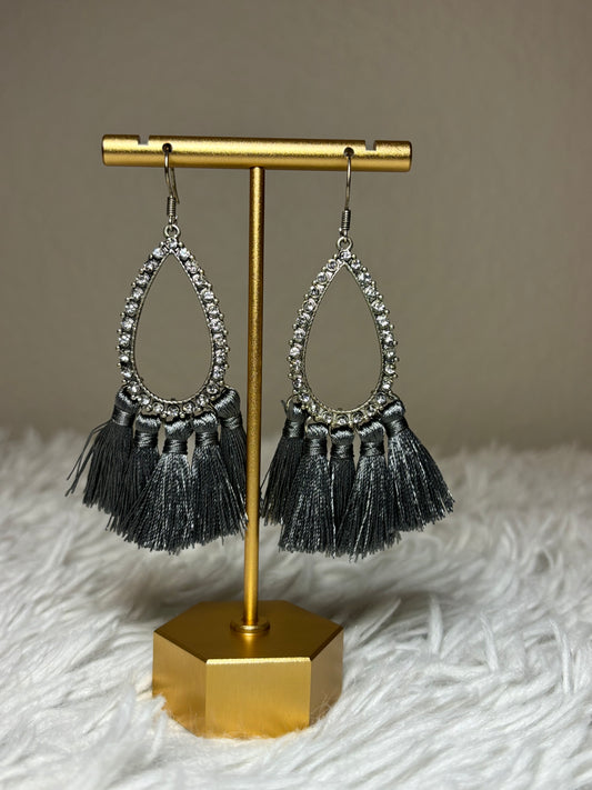 AB Teardrop Gray Tassel Earrings