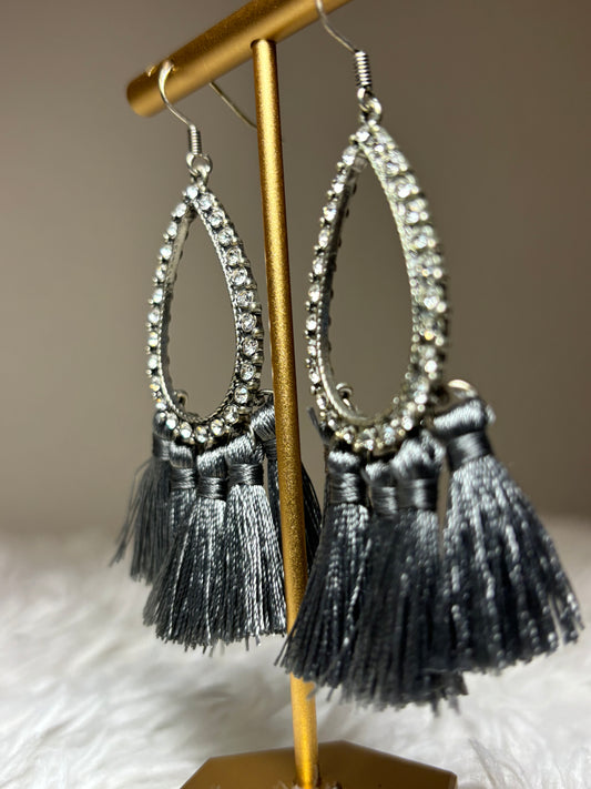 AB Teardrop Gray Tassel Earrings