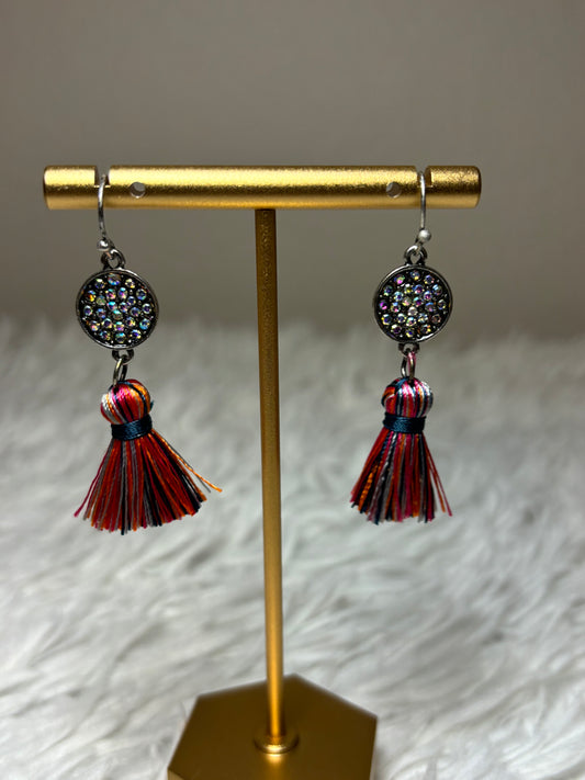 AB Stone Earrings with Multi-Colored Tassel Earrings