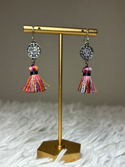 AB Stone Earrings with Multi-Colored Tassel Earrings