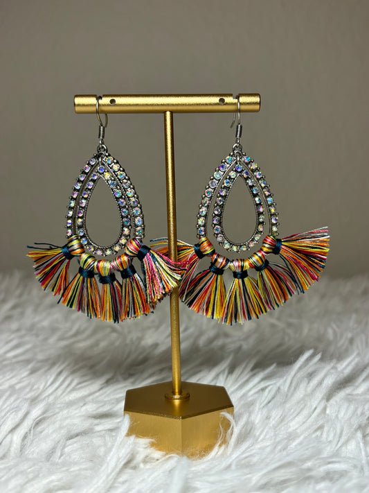 AB Teardrop Earrings with Multi-Colored Tassels