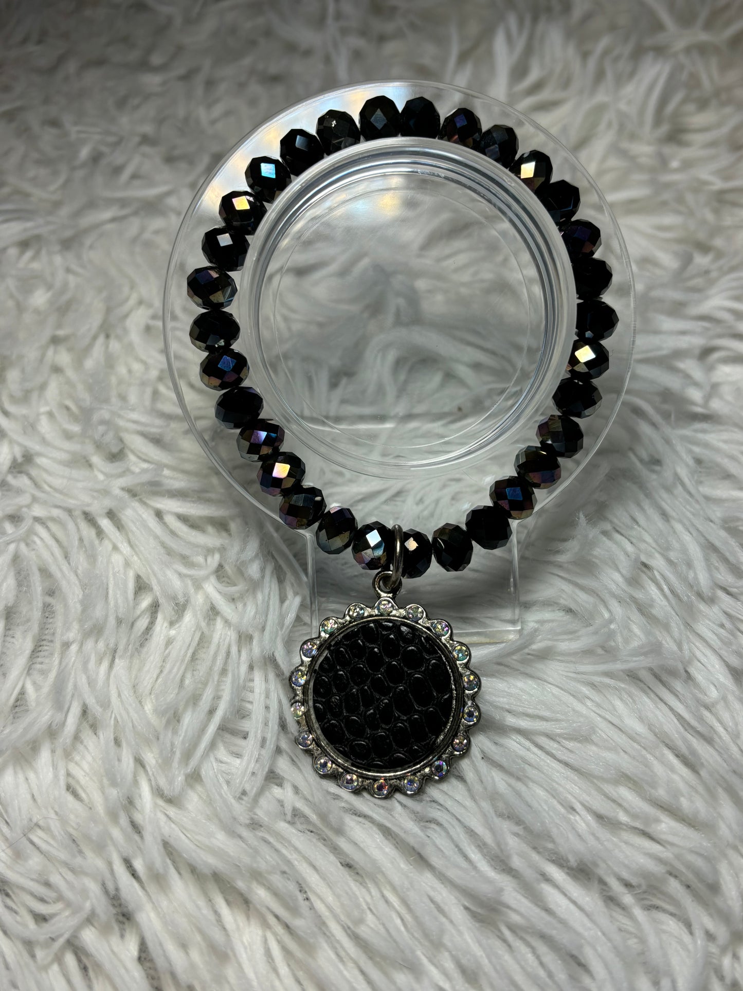 Black Oil Slick Beaded Bracelet with Textured Pendant