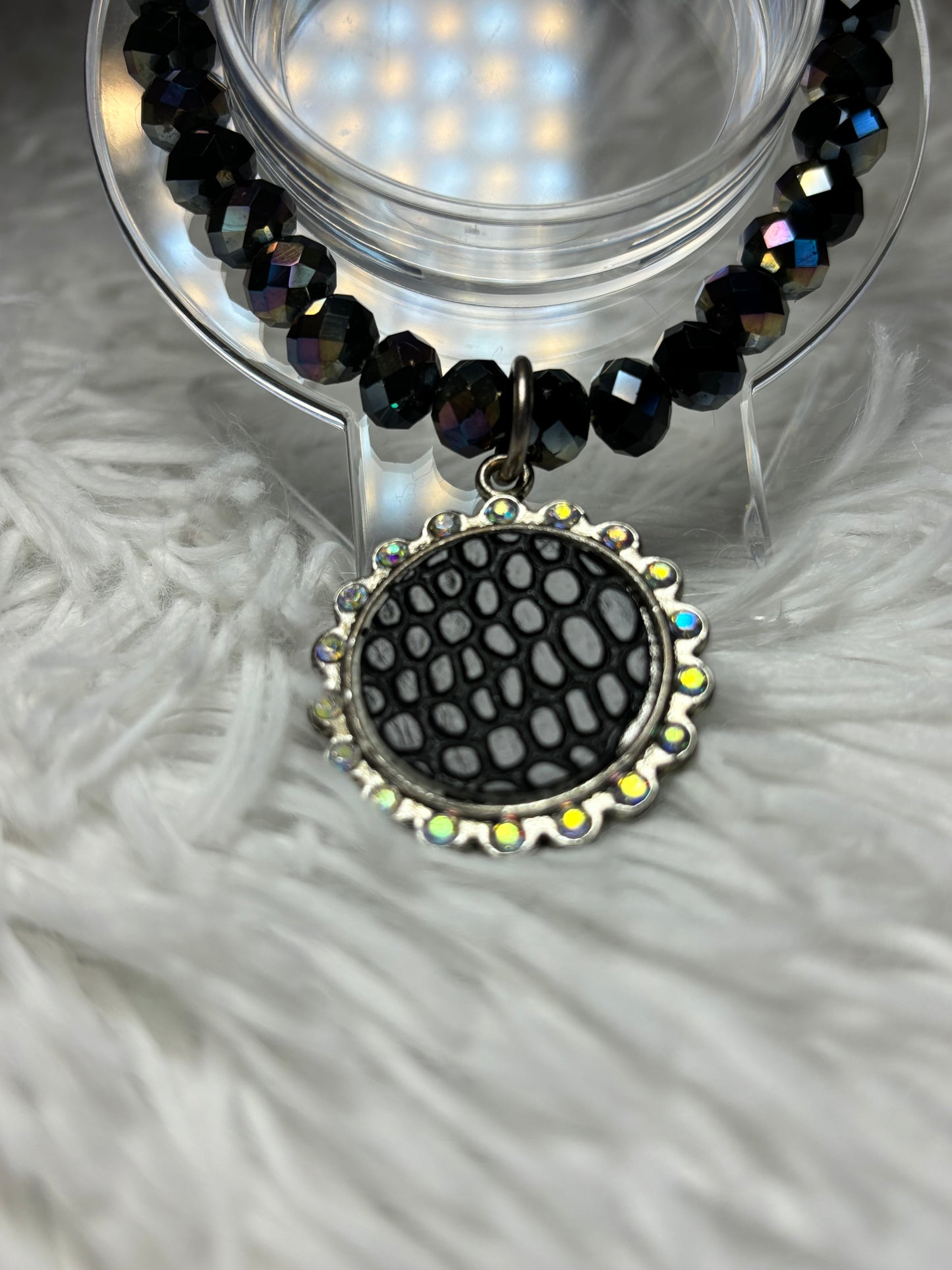 Black Oil Slick Beaded Bracelet with Textured Pendant
