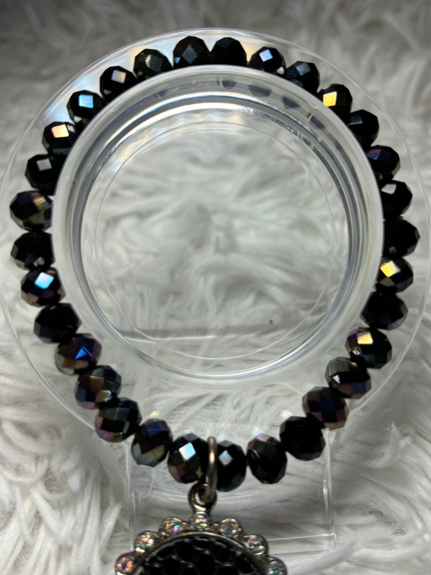 Black Oil Slick Beaded Bracelet with Textured Pendant