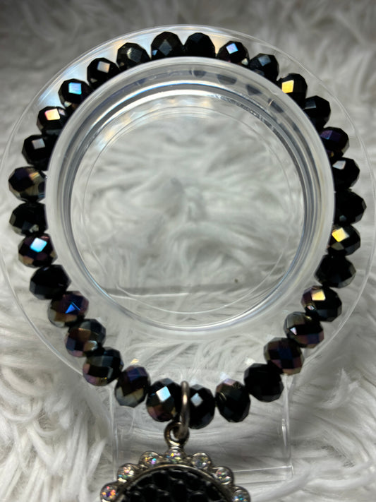 Black Oil Slick Beaded Bracelet with Textured Pendant
