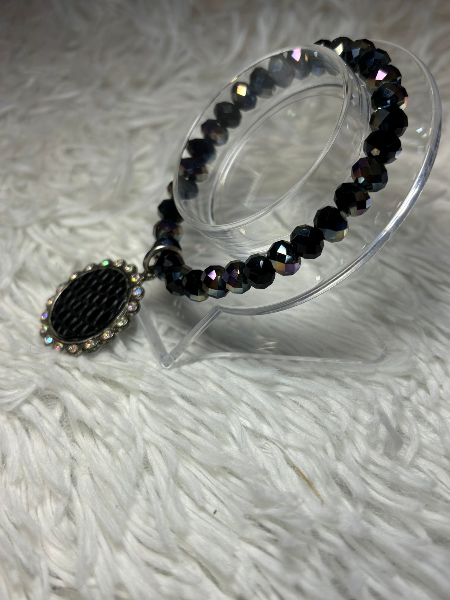 Black Oil Slick Beaded Bracelet with Textured Pendant