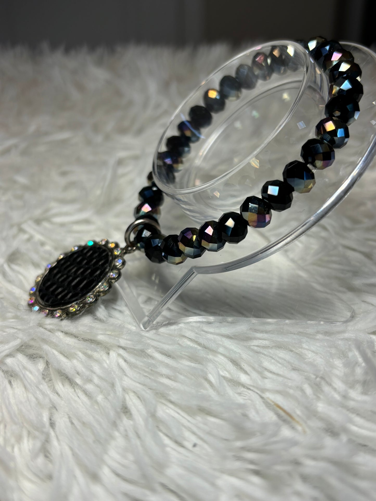 Black Oil Slick Beaded Bracelet with Textured Pendant