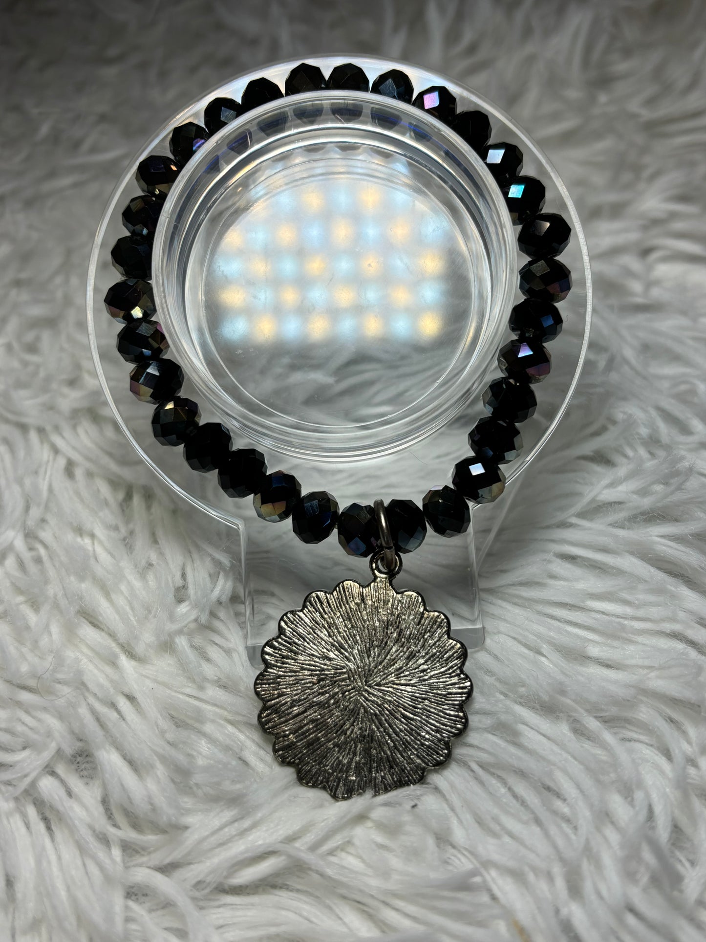 Black Oil Slick Beaded Bracelet with Textured Pendant