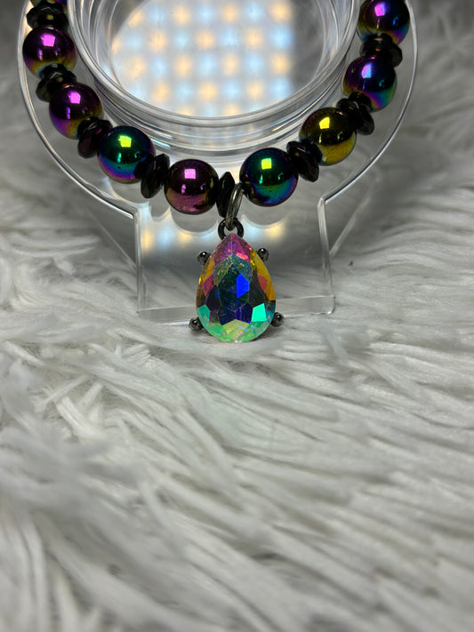 Iridescent Hematite Beaded Bracelet with Teardrop Charm