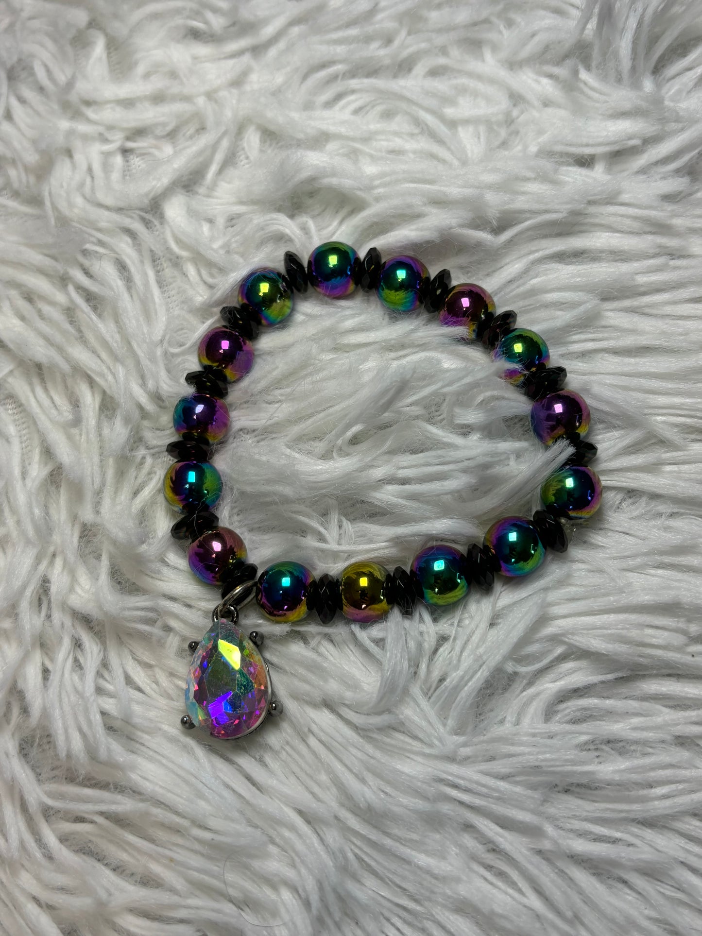 Iridescent Hematite Beaded Bracelet with Teardrop Charm