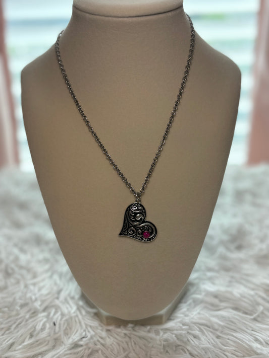 Western Floral Heart Necklace- Pink