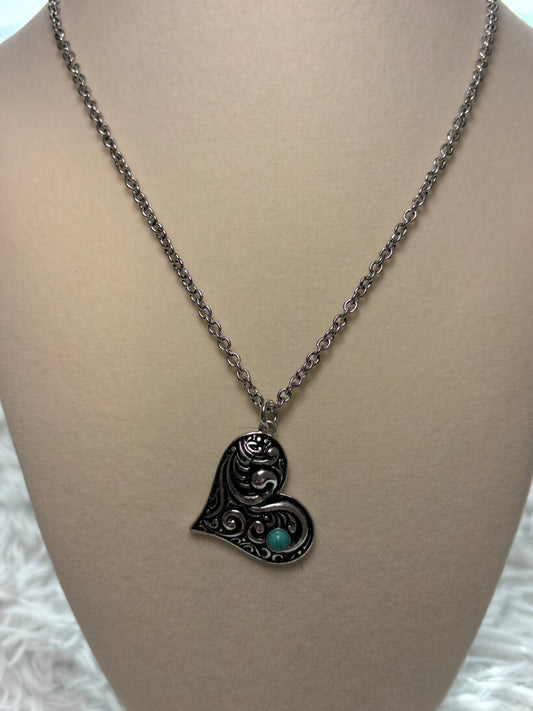 Western Floral Heart Chain Necklace- Turquoise