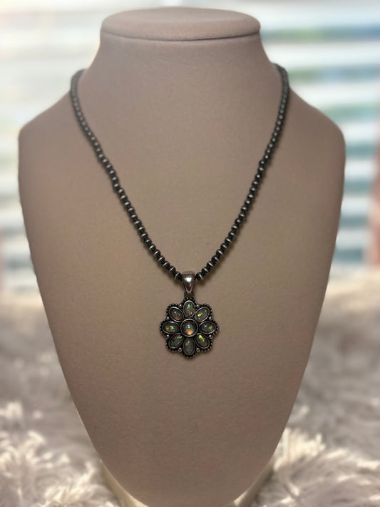 Western Opal Stone Flower Pendant Necklace- Natural