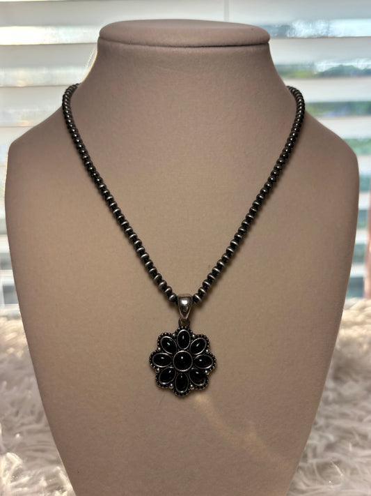 Western Opal Stone Flower Pendant Necklace- Black