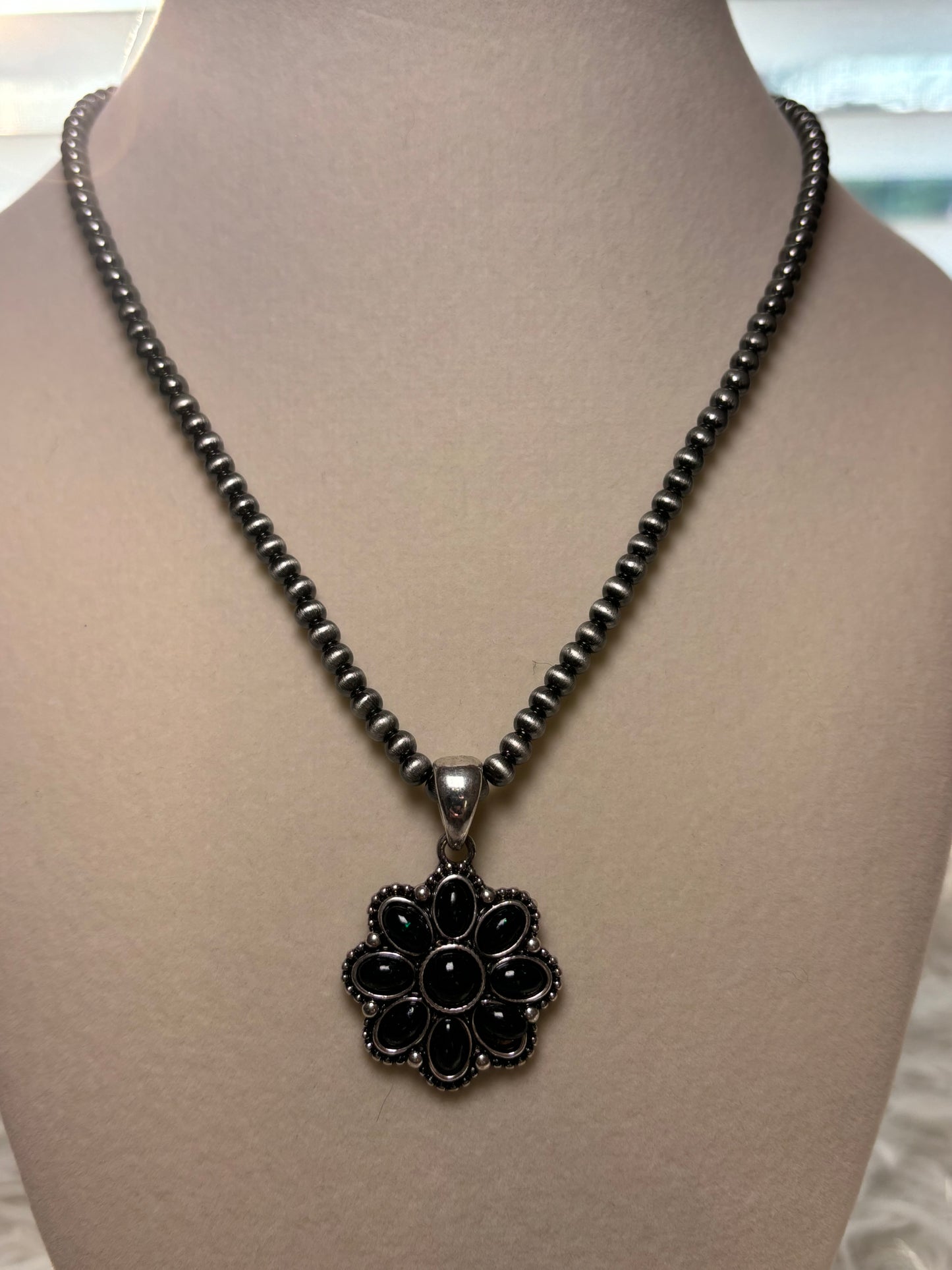 Western Opal Stone Flower Pendant Necklace- Black