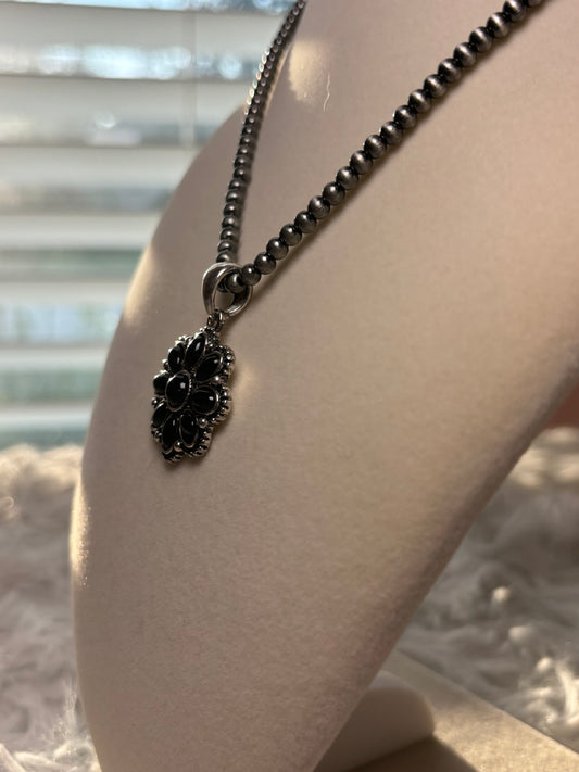 Western Opal Stone Flower Pendant Necklace- Black