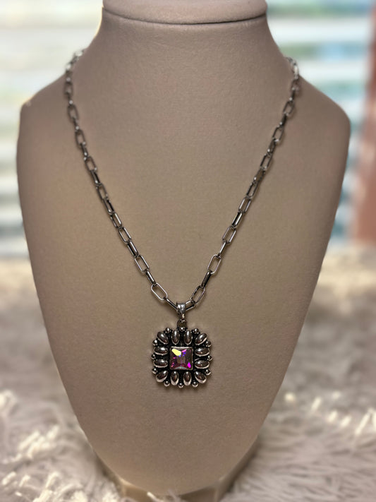 Western Square Flower Concho Necklace