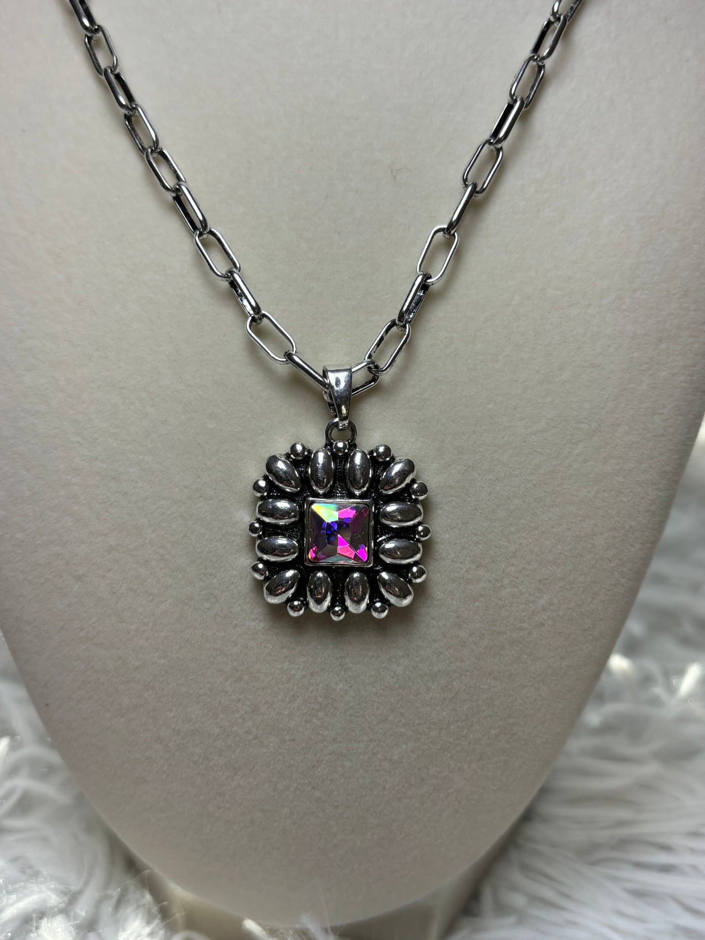 Western Square Flower Concho Necklace