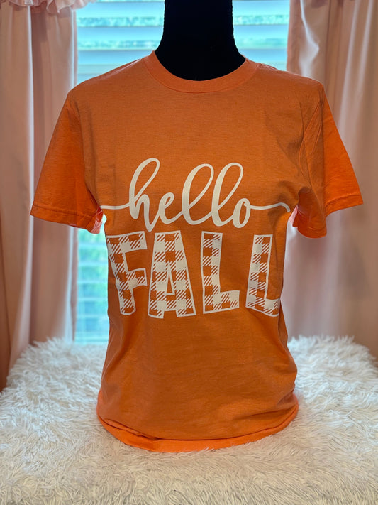 Orange heat press t-shirt with 'hello FALL' text in white